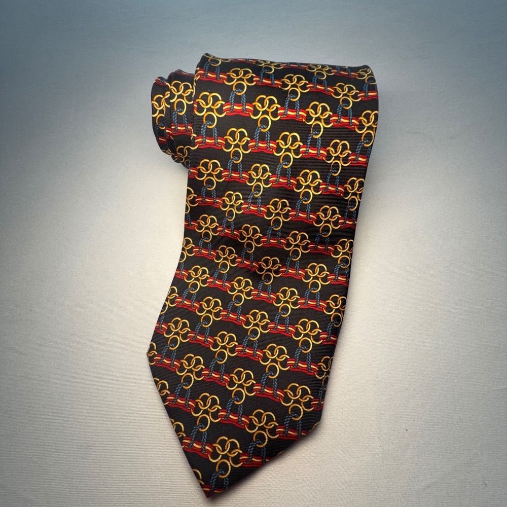 Paolo Gucci Tie Men OS Black Silk Equestrian Chain Rope Italy Classico Luxury